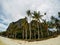 Empty sand beach and palm trees of abandoned tropical island. Tropics fisheye photo landscape