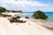 Empty sandy beach of Mozambique island, mangroves and remains of a colonial house, Indian ocean. Nampula. Portuguese East Africa.