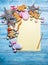 Empty Santa letter with Christmas traditional ginger cookies around it on wooden background. Christmas or New Year holiday