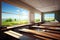 empty school classroom with view of rolling meadows and clear blue skies