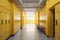 Empty school corridor with closed yellow lockers. Generative AI