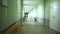 Empty school corridor interior green wall to the