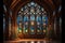 An empty side chapel with three big stained glass arches, with two Christmas trees