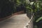 Empty sidewalk among jungle gardens with rope net