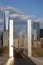 Empty Sky: Jersey City 9/11 Memorial at sunset shows iron beam from W.T.C., New Jersey, USA