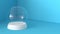 Empty snow glass ball with white tray on blue background. 3D rendering.