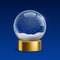 Empty snowglobe. Realistic Christmas globe with snow. Isolated magic crystal ball on golden stand. Transparent glass