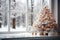 Empty snowy windowsill and white Christmas tree decorations. Greeting card