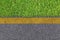 Empty space of Asphalt street roadway surface texture background with yellow line nearly green grass.
