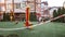 Empty sport ground and playground wrapped with striped barricade tape, stay at home