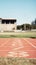 Empty stadium, sports and race track with numbers for start position in athletics, marathon or competition. Ground