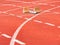 Empty Starting Blocks and red running tracks in a stadion