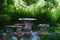 Empty stone table and benches reflect the green trees and sky in pools of water collected after a rain;