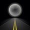 Empty straight night perspective asphalt road stretching into the distance to the horizon on the background of a large full moon,