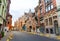 Empty street, ancient building facades, Europe