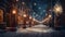 Empty street decorated for Christmas. Winter wonderland. AI generated image