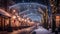 Empty street decorated for Christmas. Winter wonderland. AI generated image