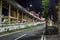 Empty street and elevated roadway through urban area at night