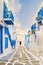 empty street of Mykonos Greek village in Greece, colorful streets of Mikonos village