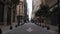 An empty street because of quarantine in the old city of Argentina. sky. street light. flag. doves. palms . clouds. trees.