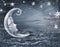 Empty surreal fairy tale art background, night sky with moon face and stars, copy space