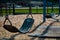 Empty Swing at Riverside city park playground