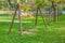 Empty swings at playground for child near children stairs slides equipment