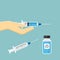 Empty syringe for injection, syringe with blue vaccine in hand, vial of medicine. Vector