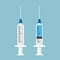 Empty syringe for injection and syringe with blue vaccine. Vector