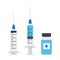 Empty syringe for injection, syringe with blue vaccine, vial of medicine. Vector