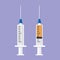 Empty syringe for injection and syringe with orange vaccine. Vector