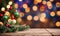 Empty table, blurred Christmas background