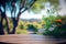 Empty table with blurry green natural park garden or backyard background. Nature and outdoor concept. Generative AI