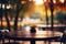 Empty table with blurry orange and yellow autumn natural park garden or backyard background. Nature and outdoor concept.