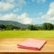 Empty table covered with checked tablecloth over beautiful landscape