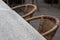 Empty table and empty chairs of summer restaurant or beer garden in summer on rainy day with raindrops and no guests, no income on