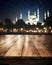 Empty table in front of blurred Mosque background. Generative AI