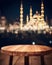Empty table in front of blurred Mosque background. Generative AI