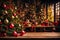Empty table in front of Christmas tree with decorations background.