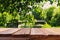 Empty table in front of dreamy countryside background