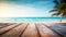 empty table mockup in blur beach background with palm tree