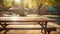 An empty table stands with grace, capturing the soft sunlight reflecting off a bustling, blurred Playground background