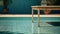 An empty table stands gracefully, a blurred Swimming pool background