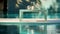 An empty table stands gracefully, a blurred Swimming pool background