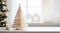Empty table top with DIY Christmas tree on blurred festive living room banner. Christmas zero waste