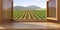 Empty table and vineyard view out of farm house window, Template for product presentation