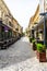 Empty tables at local restaurants in Old Town Bucharest due to coronavirus worldwide outbreak crisis. Deserted downtown, bar