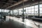 empty terminal with view of bustling airport, showing the contrast between busy and quiet times