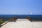 Empty terrace, blue sea and blue sky