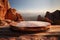 Empty terracotta agate stone product display on backdrop with desert landscape. 3D background with blank cosmetic podium platform